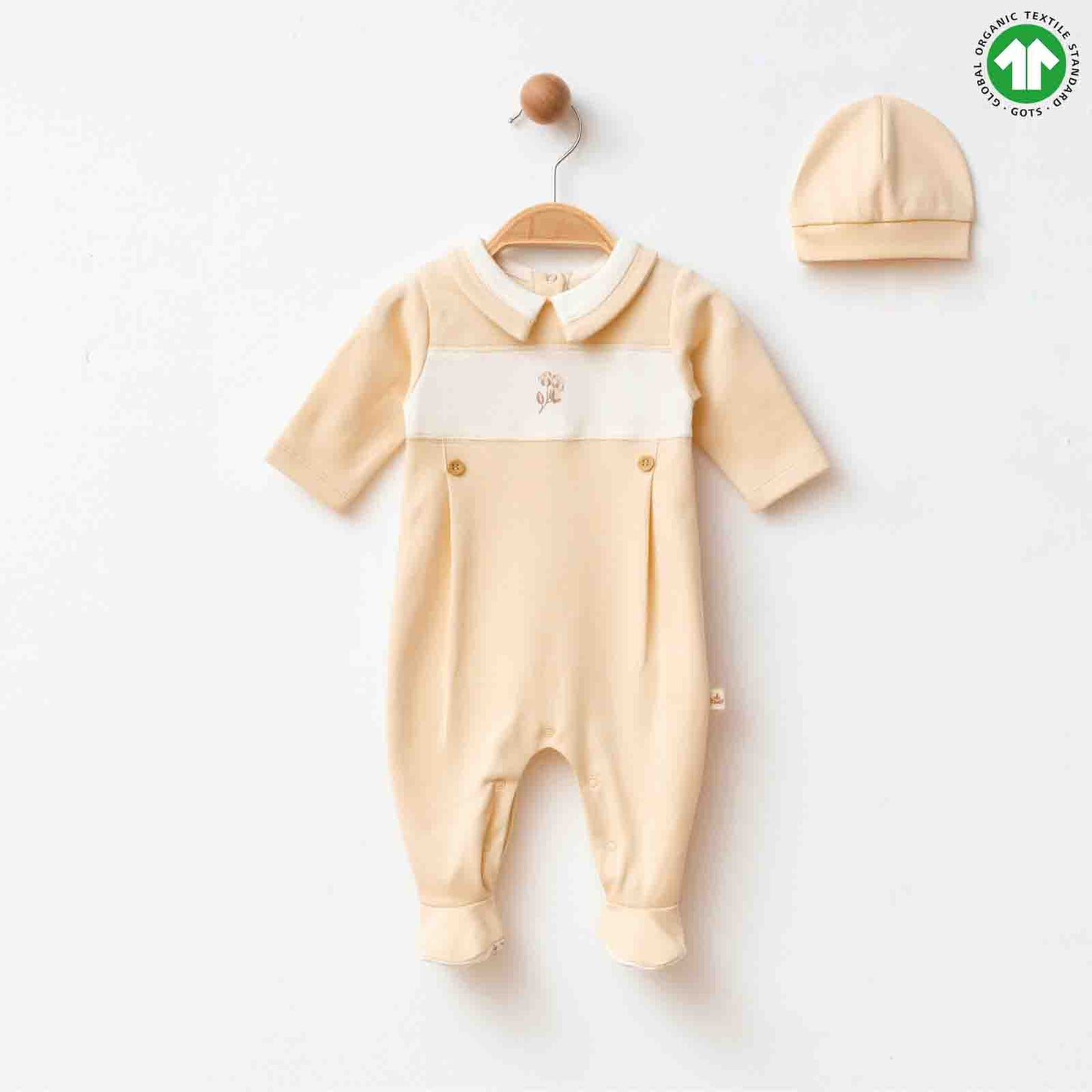 Organik Şapkalı Krem Tulum - Minnola organik bebek tulumu